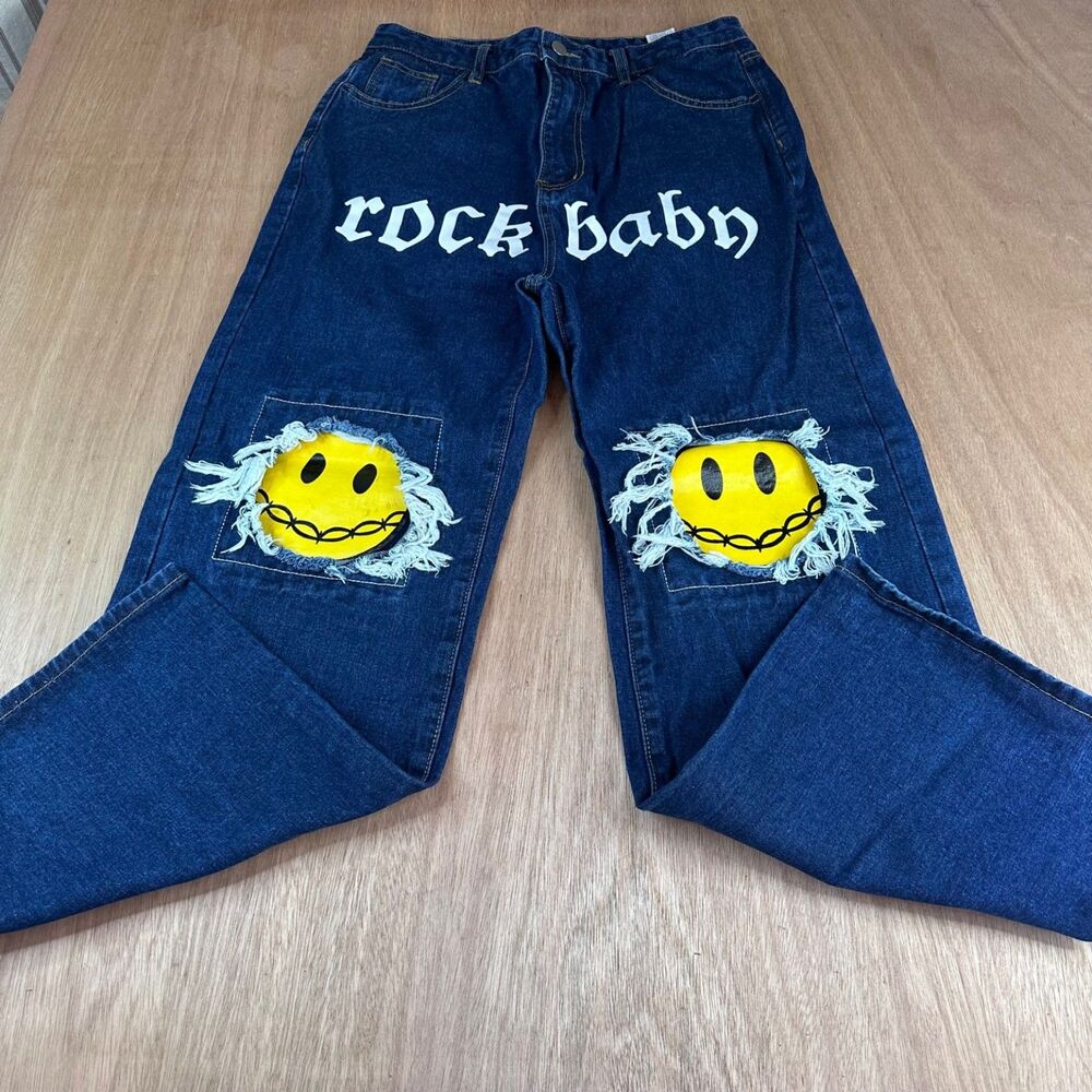 Shein Rock Baby Jeans Women's L Blue Denim Smiley Face Patch Distressed Y2K